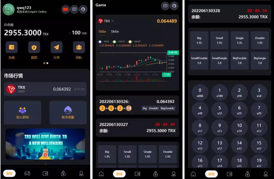 多语言区块链trx/usdt投注竞猜游戏/区块链游戏/充值自动到账/手动自动开奖